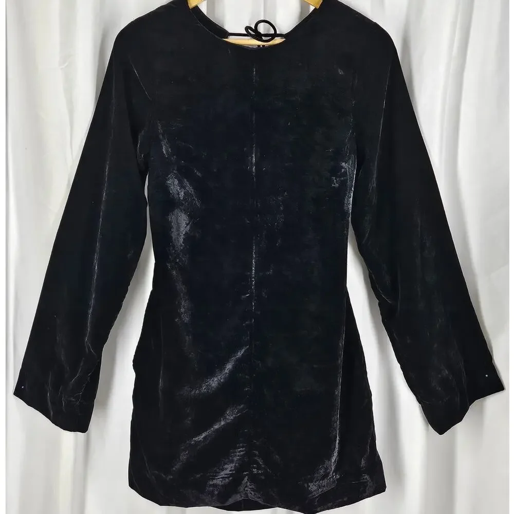 FREE PEOPLE CHELSEY BLACK VELOUR OPEN BACK MINI DRESS – SIZE XS – FITTED SLEEVES